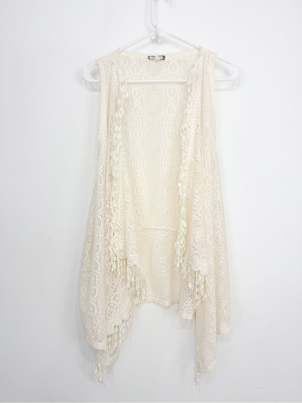 Eyelash Cream Lace Open Front Lace Tassel Edge Romantic Waterfall Vest